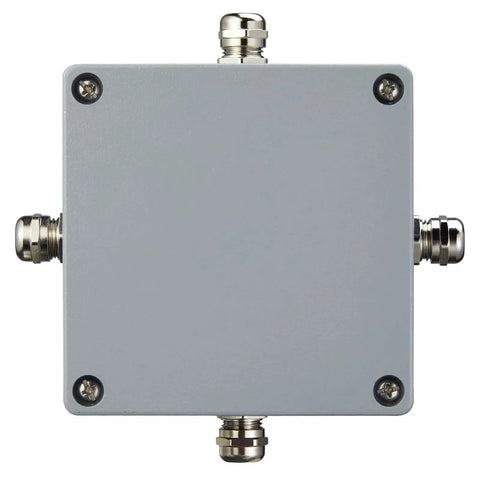 Top view of Heavy Duty Outdoor Explosion Proof Aluminum Junction Box IP66 Waterproof Enclosure 120x120x80mm with metal connectors.