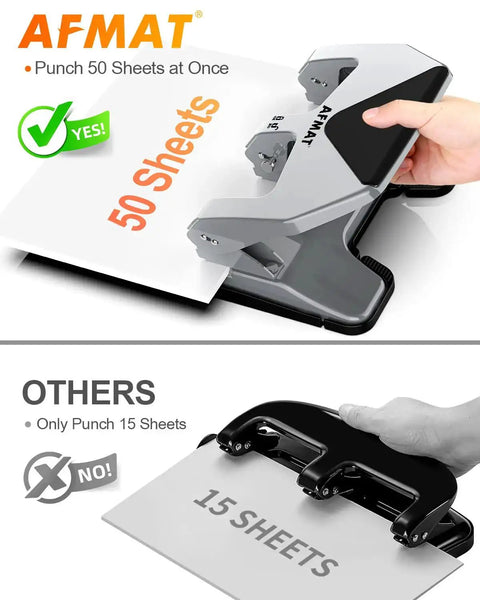 Heavy-Duty 3 Hole Punch For Binders, 50-Sheet Capacity, displayed beside a competitor's 15-sheet capacity model