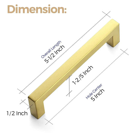 Dimensions of 5 Inch Square Cabinet Pull in Brushed Brass, showing length and diameter for 30 Pack 5 Inch Stainless Steel Cabinet Handles.