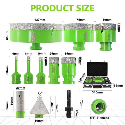 Diamond Core Drill Bit Set For Tile And Stone 11 Piece Kit With 20mm Milling Bit And 2 Inch Beveling Chamfer Bit Includes Diameters 6 8 10 25 35 50 75 127mm And 5 8 11 To SDS Adapter Ideal For Porcelain Ceramic Tile Granite Marble visible with sizes.