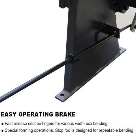 Close-up of Box And Pan Style Metal Brake For 50 Inch Sheet Metal, 16 Gauge Capacity Up To 135 Degree Bends, showing easy operating brake mechanism.