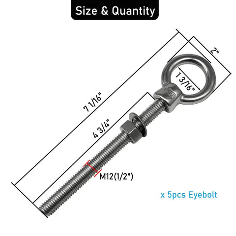Diagram showing dimensions of Two Pack 1/2 Inch Eyebolts, 4-3/4 Inch Long, Marine Grade 316 Stainless Steel, with nuts and washers