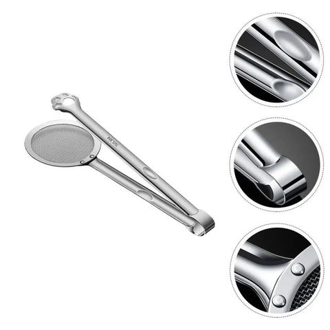 Stainless Steel Oil Strainer Spoon And Frying Oil Filter Clamp With 304 Claw Design for kitchen use, shown with close-up details of design.