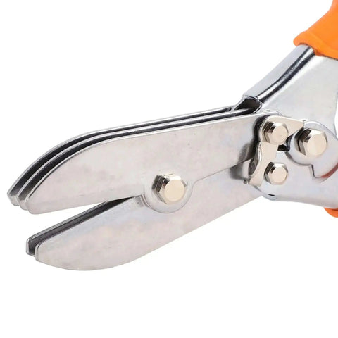Close-up of Heavy Duty Five-Blade Steel Crimping Tool For 24-28 Ducts in HVAC systems, showing steel blades and orange handle.