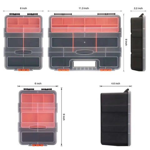 Four Piece Hardware And Parts Organizer Set For Toolbox Storage Ready To Roll With Versatile Small Parts Compartments Durable Multi Size Organizer Boxes For Home Garage And Workshop, showing different box sizes and detailed dimensions.