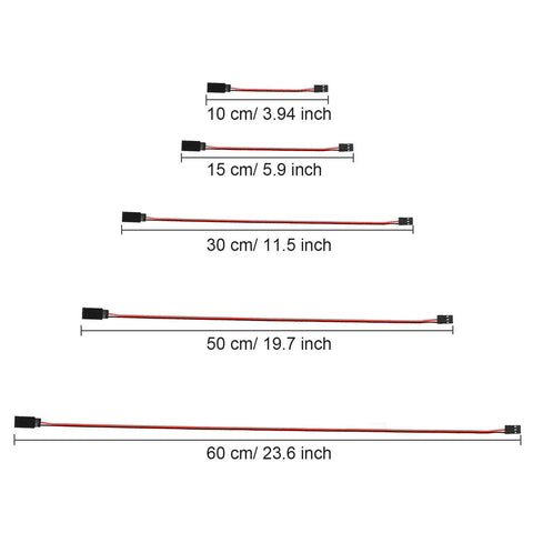 Five lengths of 20 Piece 3 Pin Servo Extension Cables Female To Male RC Wiring Kit for Control Board and Remote, 10-60 cm shown.