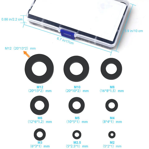 Premium Nylon Flat Washers Set With 1200 Pcs In 9 Sizes M2, M2.5, M3, M4, M5, M6, M8, M10, M12 Black Fender Washers display