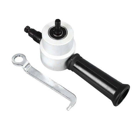 Dual Head Sheet Metal Cutter Nibbler Drill Attachment for Electric and Pneumatic Drills, showing wrench and handle