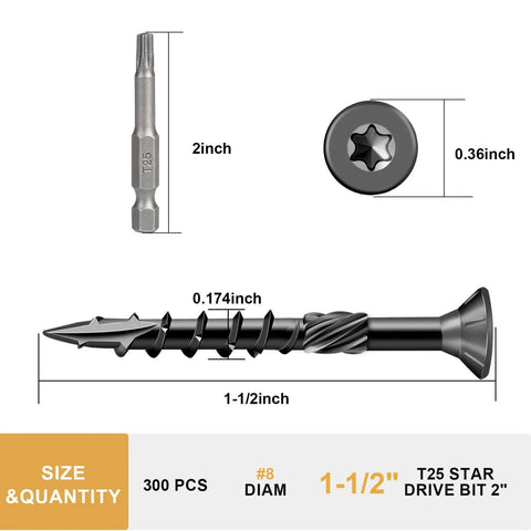 Deck Screws One And A Half Inch Size Eight Wood Screws 300 PC Set Black Epoxy Coated Anti Rust Exterior Decking Screws With Torx Star Drive And T25 Bit Included Ideal For Outdoor Projects diagram