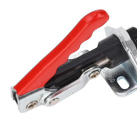 Close-up of Heavy Duty Push Pull Toggle Clamp for Woodworking Jigs and Welding Fixtures with red ribbed plastic handle.