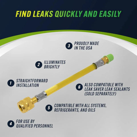 Ultra Bright UV Dye Inject Kit For Quick Leak Detection In Automotive, Home, Marine And Commercial HVAC Refrigeration, Mess Free Dye Injection, Illuminates Brightly At Leaks Made In USA By Leak Saver, showing a yellow injection tube with connectors.