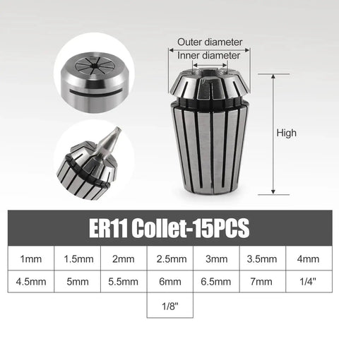 15 Piece ER11 Collet Set For CNC Milling Engraving And Lathe Tools, Pro Grade Spring Steel Collets From 1mm To 7mm And 1/8 Inch To 1/4 Inch