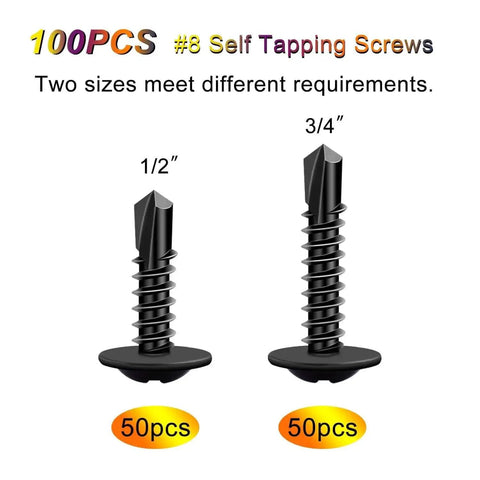 Self Tapping Metal Screws Kit Size Eight In 410 Stainless Steel Black Oxide Truss Head, 100 Count, 1/2 and 3/4 inch