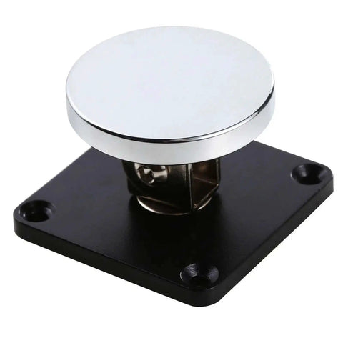 Silver finish Emergency Smokeproof Electromagnetic Door Holder American Type Flush Wall Mount, front view on black base.