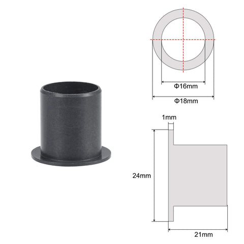 Flanged Sleeve Bearing Set 16mm Bore 18mm OD 21mm Length Self Lubricating POM Oilless Black 2 Pack diagram and side view