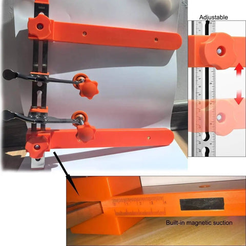 Pro Grade Drawer Slide Installation Kit With Laser Dual Scale Markings And Magnetic Arm For Quick, Precise Cabinet Drawers And Desks Mounting, Tool Free Adjustment No Measuring Tools Required displayed with adjustable orange arms and ruler.