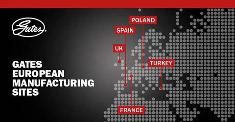 Map highlighting Gates European manufacturing sites in Spain, UK, France, Poland, and Turkey with company logo.