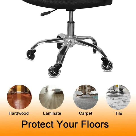 Office Chair Caster Wheels Set Of 5 Heavy Duty And Floor Safe for all surfaces, shown on chair with flooring types.