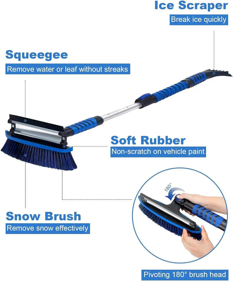 All In One Extendable Snow Brush With 180 Degree Pivoting Head Car Ice Scraper Snow Broom And Squeegee For Easy Snow Removal On Cars SUVs And Trucks For All Winter Conditions with descriptions of brush, squeegee, and ice scraper functions.