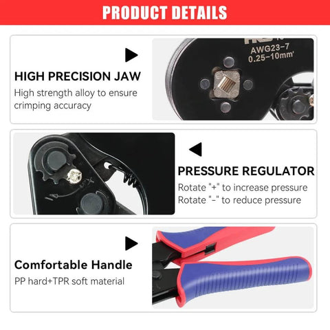 Pro Grade Ferrule Crimping Tool Kit With Square Crimpers For AWG 23 To 7 Wire Ends ergonomic handle and precision jaw details