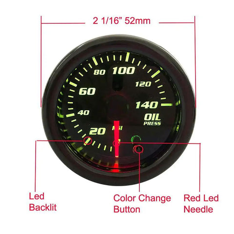Front view of 2 Inch Oil Pressure Gauge with Sensor for Cars 52mm Digital LED Display 0-140 PSI, tinted lens, red needle, color change button.