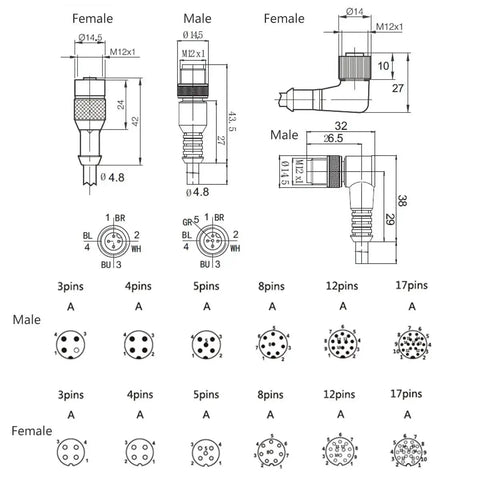 Diagram of Elbow M12 A Coded 4 Pin Female Connector Shielded Cable to Bare Wire Leads for Sensor Actuator, industrial measurements included