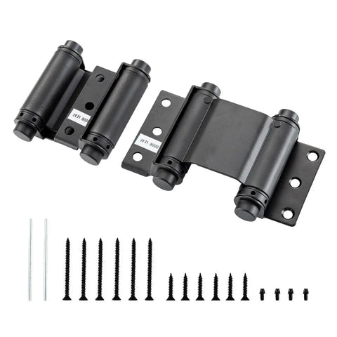 3 Inch Double Action Self Closing Door Hinge Set For Saloon Bar Pub Doors Matte Black 2 Pack Heavy Duty Steel Construction Includes Screws Rust Resistant For Three Quarter Inch Doors By Home Master Hardware showing hinges and screws.