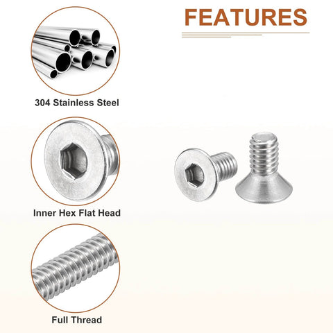 Features of Twenty Piece Set Of Ten By Thirty Two Thread Per Inch Three Eighths Inch Flat Head Socket Cap Screws In 304 Stainless Steel