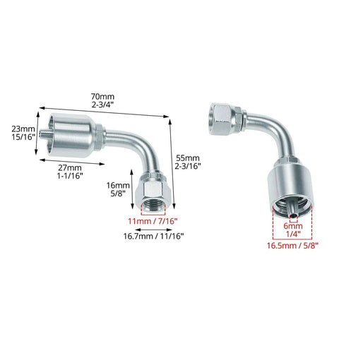 10 Pack One Quarter Inch Hydraulic Fittings Kit With One Quarter Inch JIC 37 Degree Female 90 Degree Swivel End Permanent Crimp Fittings For Hose Repair Leak Proof Connections Heavy Duty DIY Hydraulic Line Fix, showing two stainless steel fittings with dimensions for hoses.