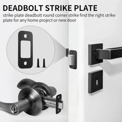 Two Pack Deadbolt Strike Plate With Backplate, 1 Inch By 2.25 Inch Round Corner Door Strike Plate In Matte Black installed on door