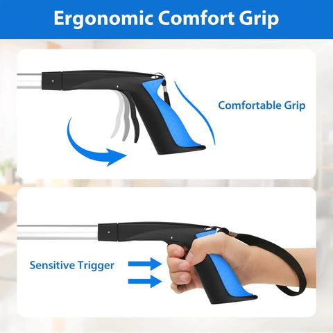 Close-up view of handle and trigger of the Thirty Six Inch Foldable Grabber Reacher Tool With Anti Slip 360 Degree Rotating Jaw Magnetic Tip For Seniors Heavy Duty Reacher Grabber Pickup Tool For Elderly After Surgery Recovery And Everyday Lifting.