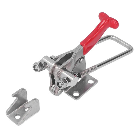 Quick Release Toggle Clamp With Adjustable Span For Vertical Clamping, showing stainless steel body and red handle.