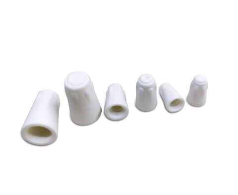 Row of 20 white ceramic wire connector caps in assorted small sizes for 22-14 AWG wiring