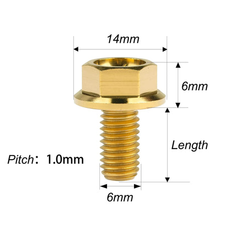 Beefy Titanium Hex Flange Bolts M6 And M8 Set Of Six In Gold Color External Hex Head Screws With Lengths From 10 To 55Mm M6 10 15 20 25 30 35 M8 15 20 25 30 35 40 45 50 55 Grade 5 6Al 4V Titanium Alloy Beefy Fasteners For Bikes And Gear, image showing a gold M6 bolt with measurements.
