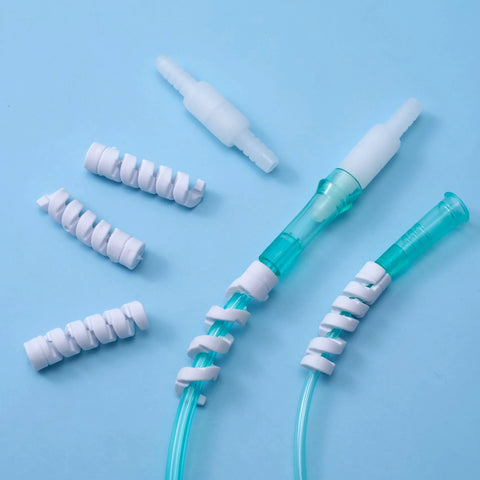 Oxygen tube connectors and spiral clamps for nasal cannula; white spiral spacers on teal tubing (12-pack).