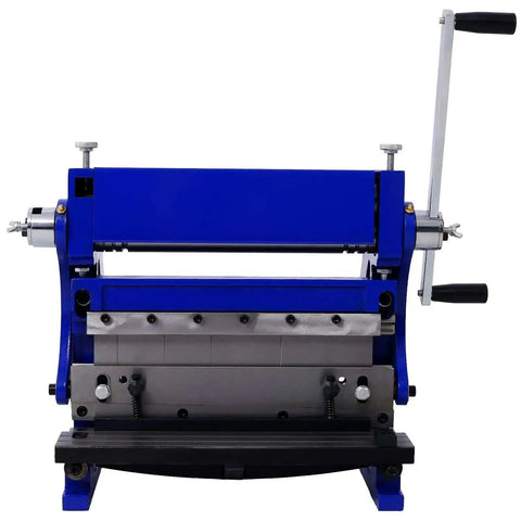 Front view of All In One 12 Inch Sheet Metal Brake Shear And Slip Roll Heavy Duty Steel Machine with handles and steel components.