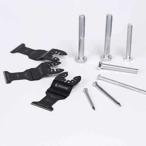 Carbide Oscillating Saw Blades For Multitools With Quick Release, Laser-Welded Carbide Teeth For Ultra Tough Metal Cutting, Nails Bolts And Screws, Slim Body For Tight Spaces, Heavy-Duty 3-Pack next to assorted bolts and nails on a white surface.