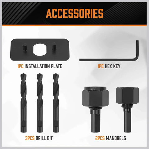 Accessories in the Complete 24 Piece Hole Saw Kit With 17 Blades 2 Mandrels 3 Drill Bits And Installation Plate For Drywall Wood Plastic And PVC Fast Clean Holes For Home Improvement Projects Durable Heat Treated Steel High Cutting Speed.