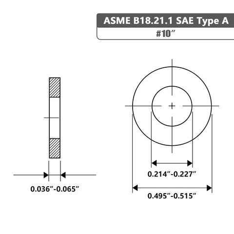 Flat washer #10, 0.5 OD, 304 stainless; inner 0.214–0.227 in, outer 0.495–0.515 in.