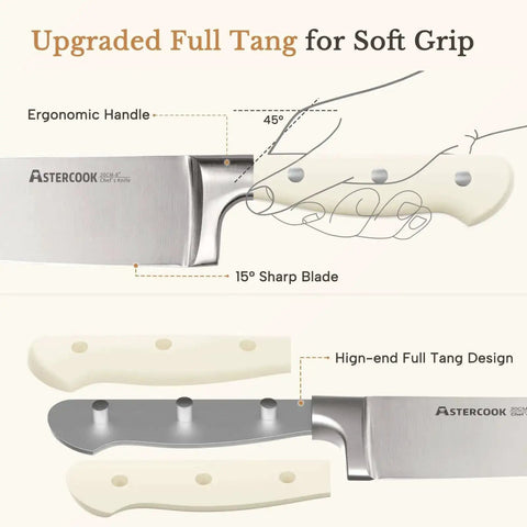 Close-up of 14 Piece Full Tang Kitchen Knife Set With Wood Block Sharpener showing ergonomic handle and high-carbon stainless steel blade.