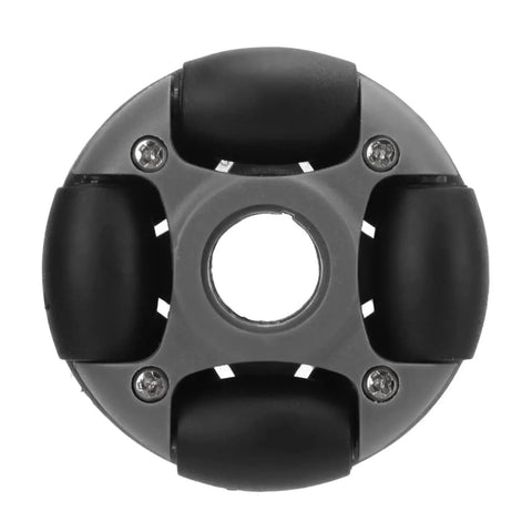 Front view of Omni Directional Wheel 48mm for Robotics with nylon body and TPR rollers, showing double row design for 360 degree rotation.