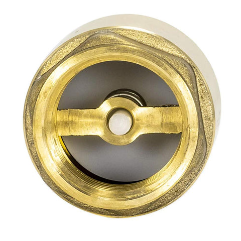 Brass in-line check valve, 1 in IPS threaded connection, stainless steel spring, front view