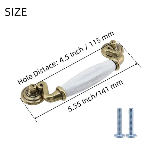 Four Pack Ceramic Drawer Pull Handles In Antique Crack Brown Four And A Half Inch Hole Distance One Hundred Fifteen Millimeter shown with size details and screws