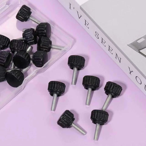 24 Pack M4 X 15mm Threaded Knurled Thumb Screws For VESA Monitor Mounts Carbon Steel With ABS Grip on a purple surface
