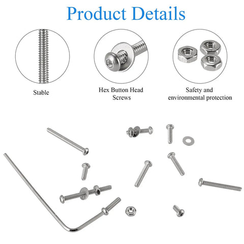 410 Piece Tiny Button Head Hex Socket Cap Screws Kit In 304 Stainless Steel With M2 Through M20 Sizes Zero Point Four Millimeter Pitch Includes Nuts Washers And Hex Keys For Micro Fastening Projects showing screws, nuts, washers, and hex key.