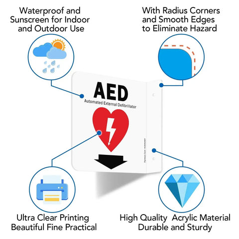 High Visibility AED Sign With Down Arrow Faittoo 6x6 Inch Acrylic Double Sided 90 Degree Projection For Easy Quick Find, infographic