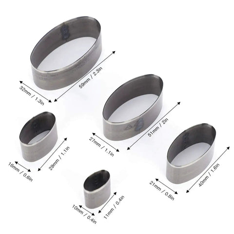 5 Piece Leather Punch Die Set Hollow Oval Cutter Pro Grade Leather Craft DIY Tool Durable High Carbon Steel Hand Made Mold For Precise Hole Punching Belt Wallet Bag Projects, showing different sizes and dimensions.