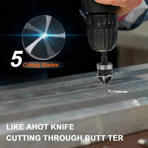 Countersink Drill Bit Set For Wood And Metal, Three Piece Quick Change Hex Shank Quarter Inch Bits in use on metal surface