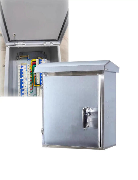 Stainless Steel Electrical Distribution Chest Weatherproof Enclosure For Home And Industrial Monitoring Control Panels With Customizable Size And Layout, shown closed with interior view.