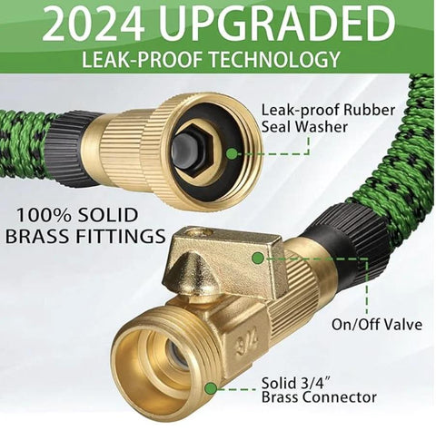 J&B XpandaHose 75ft expandable garden hose, green with solid brass 3/4 in fittings and on/off valve